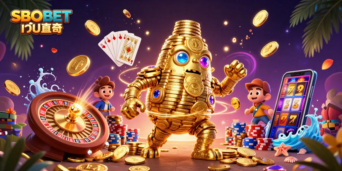 SBOBET เว็บตรง showcases a golden golem surrounded by vibrant casino elements, enhancing gambling excitement.