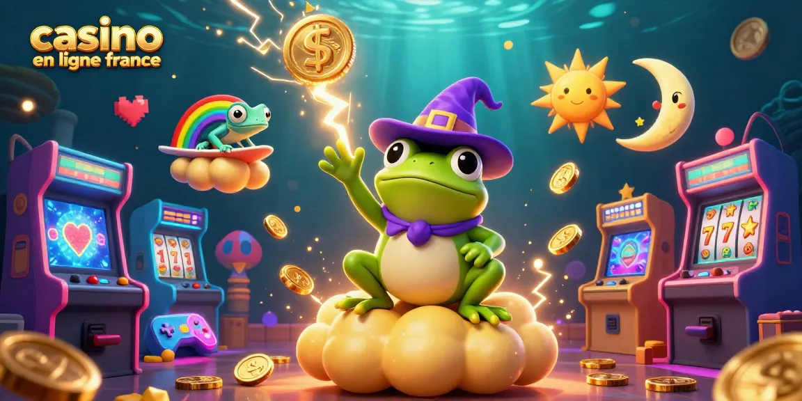 Découvrez le monde des casinos en ligne en France avec une scène animée d'un grenouille sorcier et un caméléon sur un nuage doré.