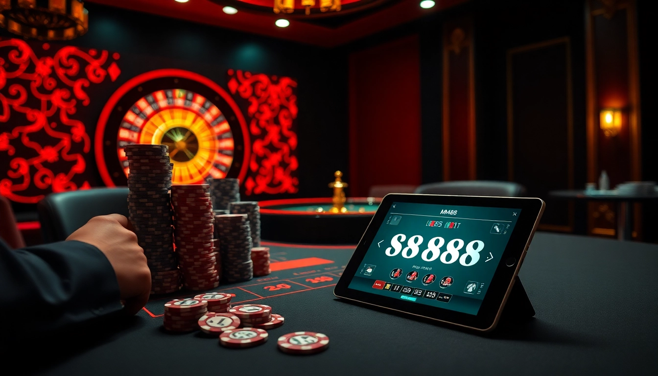 Engaging gaming scene at Nhà cái MM88 featuring a luxurious poker table and vibrant roulette wheel.