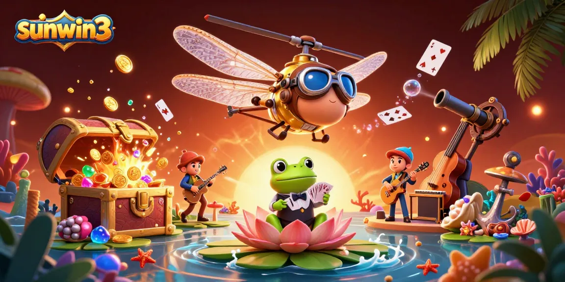 Engage in gaming excitement with sunwin3 featuring a lively dragonfly pilot above a lily pad casino scene.