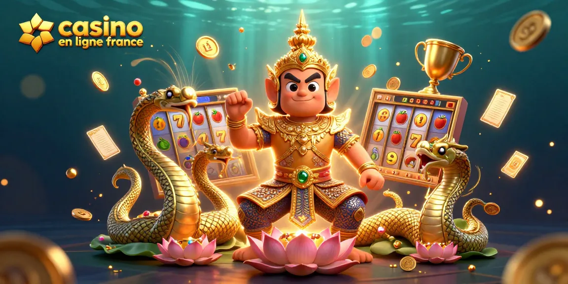 Illustration de casino en ligne France avec un gardien thaï en armure dorée, des machines à sous et des pièces d'or.