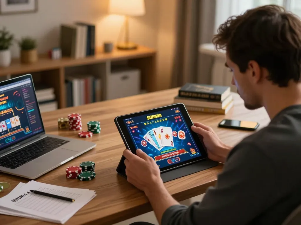 Player interacts with sunwin app while managing bankroll at home, showcasing online gaming.