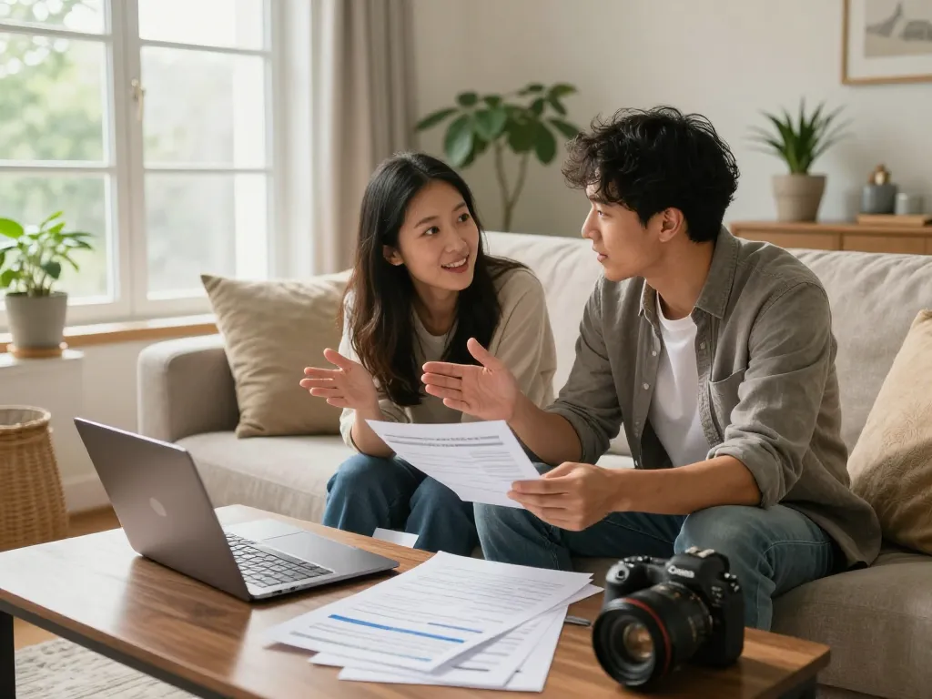 Couple discussing how to sell house without realtor in a cozy living room.