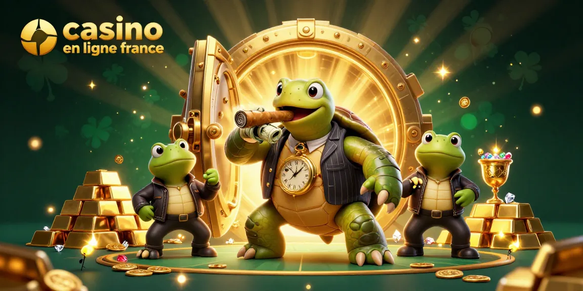 Un casino en ligne France animé par une tortue massive, des grenouilles et des lumières de feu follet sur un fond audacieux.