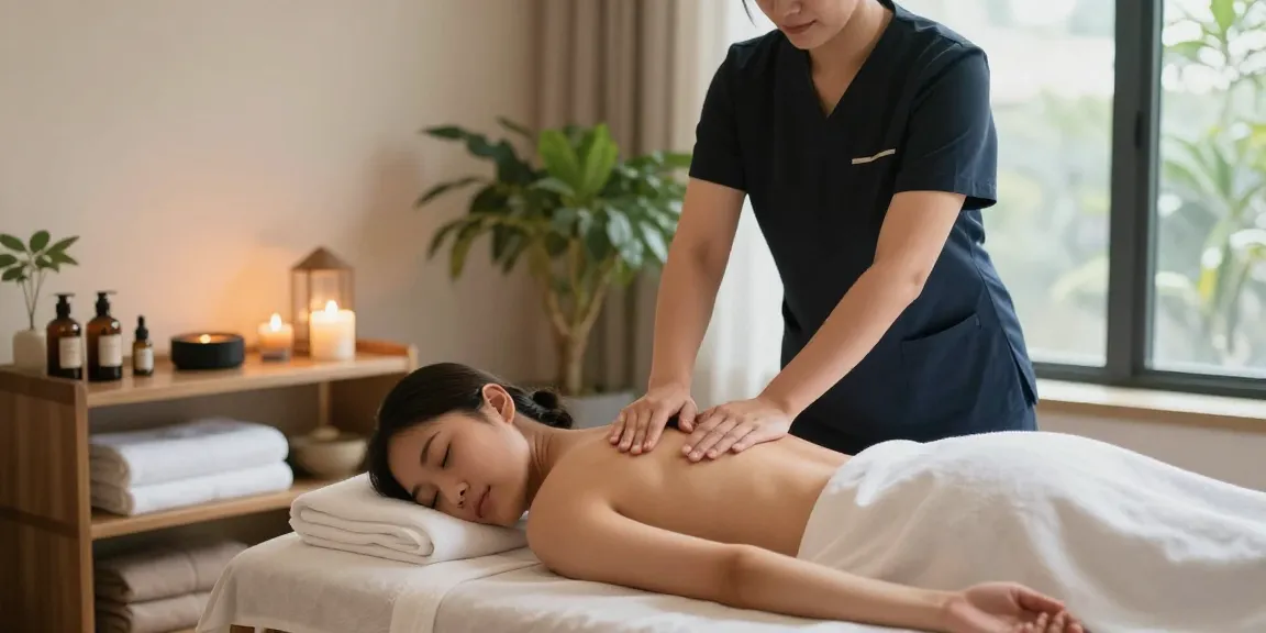 스웨디시 마사지 중인 전문가와 편안한 환경의 마사지 테이블