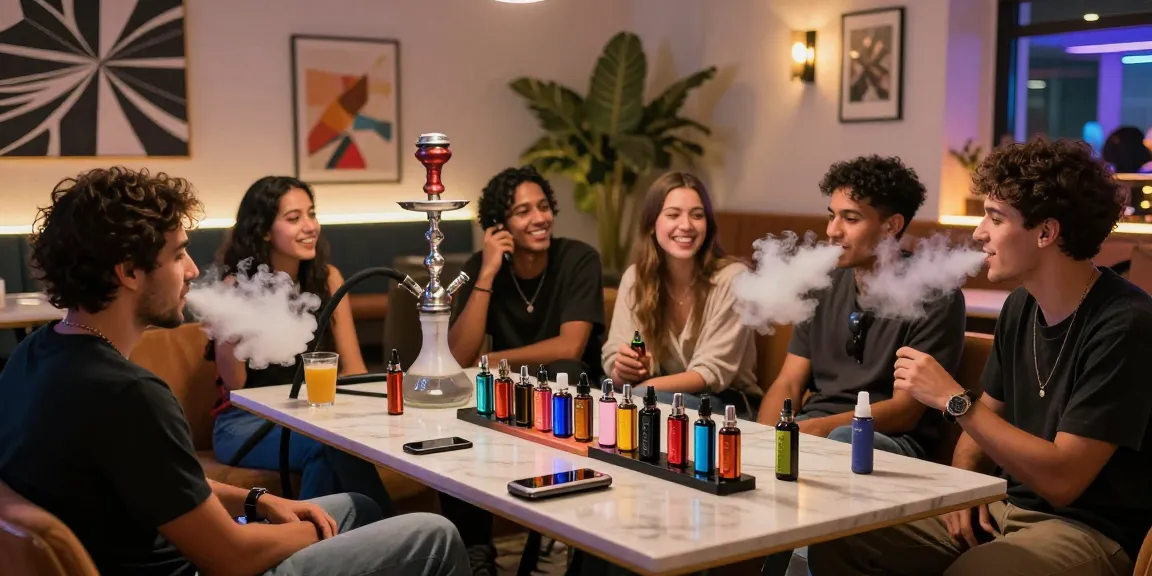 Social scene at rokok88 vaping lounge with friends enjoying e-liquids and cloud vapor.