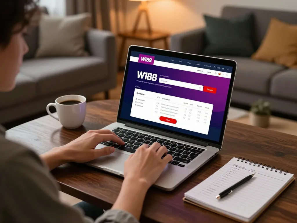Person engaging in W188 bet online gaming from a cozy home setup with betting strategies visible.