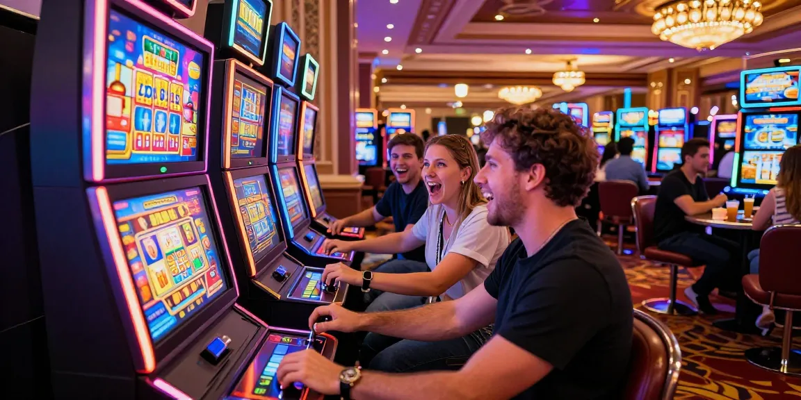 Excited friends playing a colorful slot machine in a vibrant casino setting, showcasing the thrill of gaming.