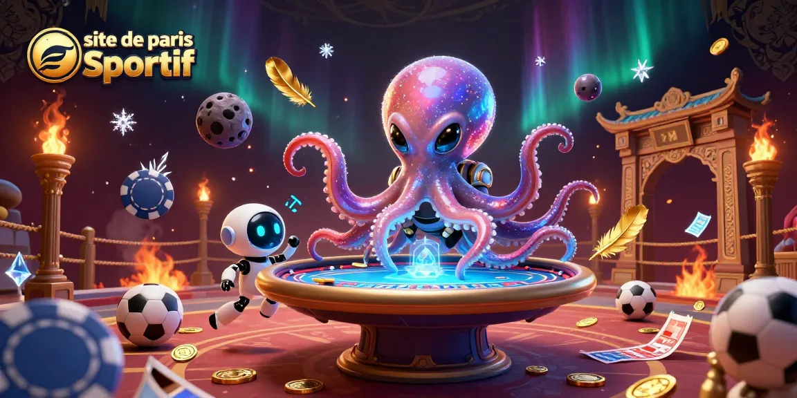 Jouer sur le site de paris sportif avec un poulpe alien et un robot sous un ciel d'aurores.