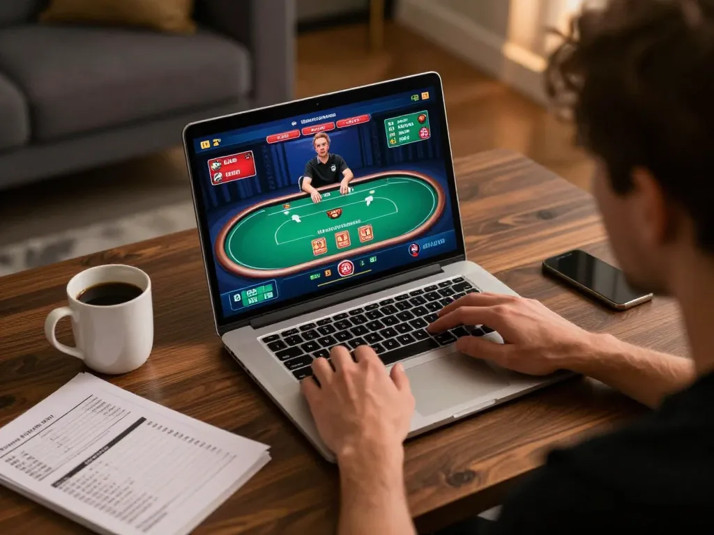 Engaging in strategy-driven gameplay on 8kbet's online poker platform, showcasing immersive setup.