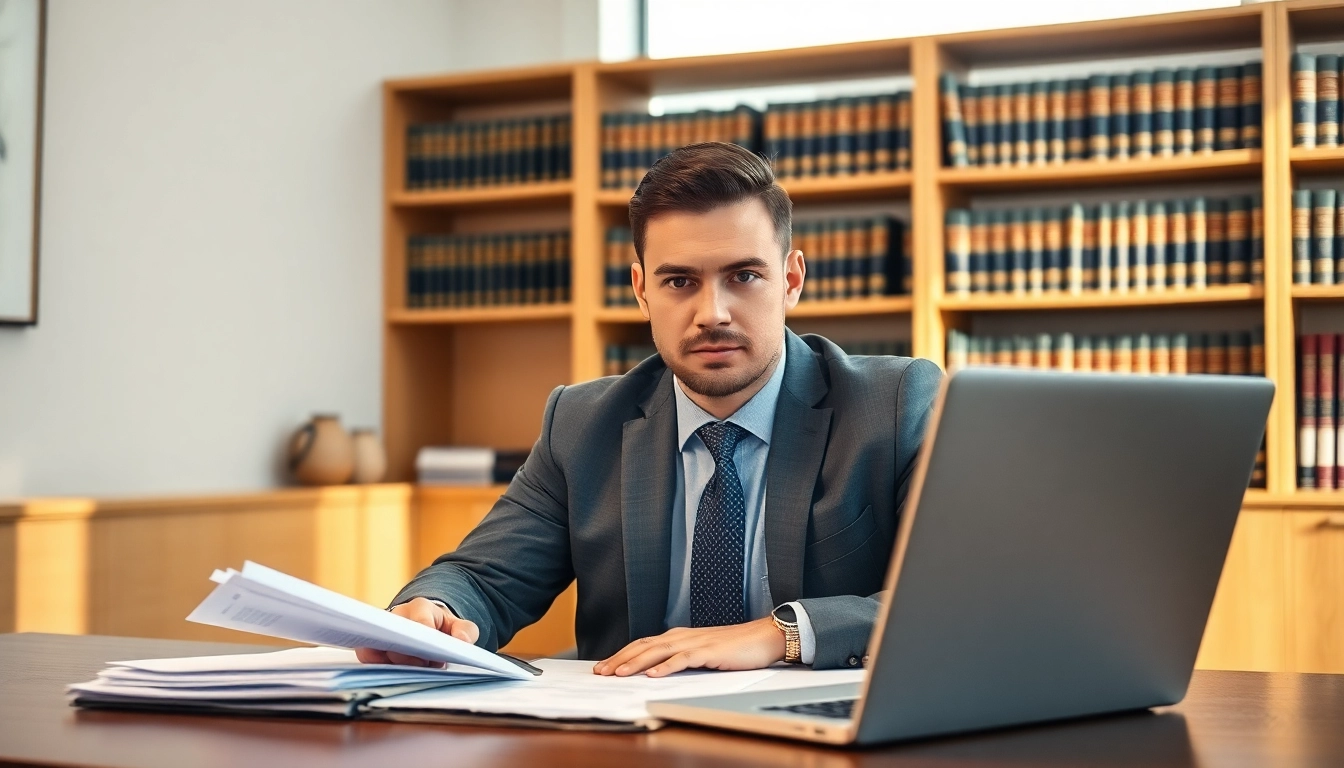 Engaging Modesto Accident Lawyer focused on clients with law documents in modern office.