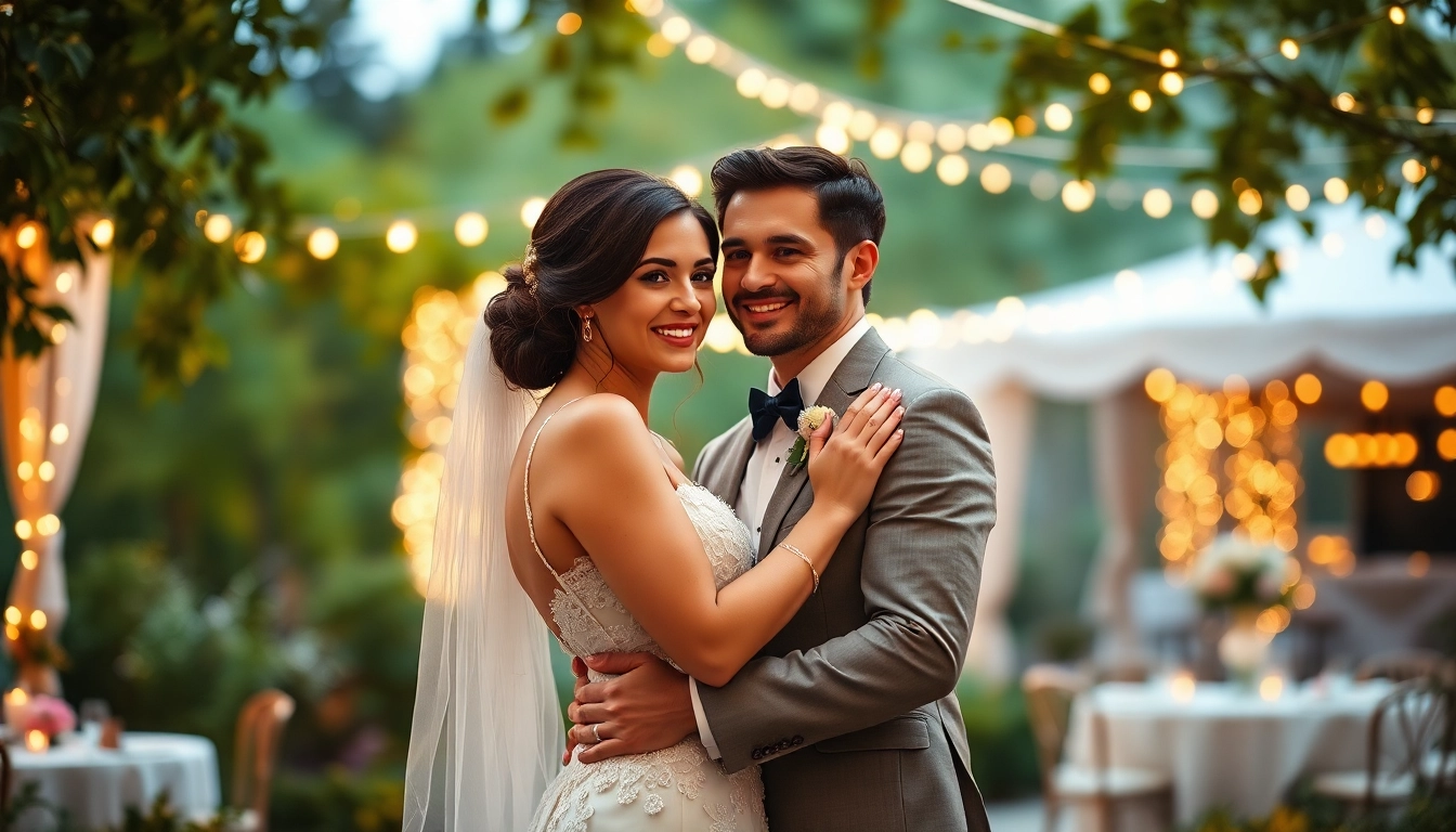 Celebrate a beautiful Clarksburg wedding with an elegant couple surrounded by lush greenery and warm lights.