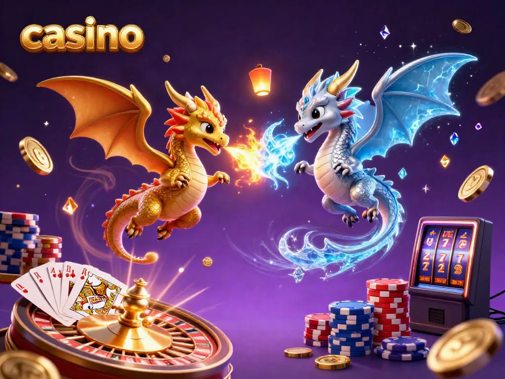 Experience an exciting casino scene with dragons, coins, and vibrant gaming elements.