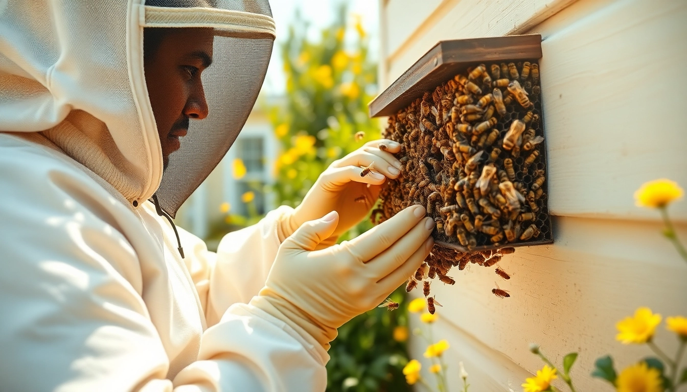 Expert performing honey bee hive removal near a garden, showcasing safety and care.
