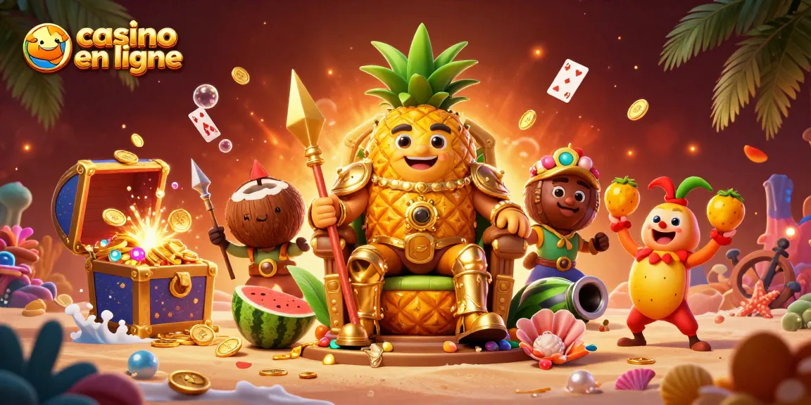 Jouer dans un casino en ligne vibrant avec un roi ananas et des gardes, entouré d'éléments ludiques.