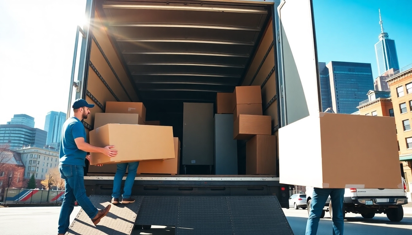 Boston local movers skillfully packing furniture into a moving truck.