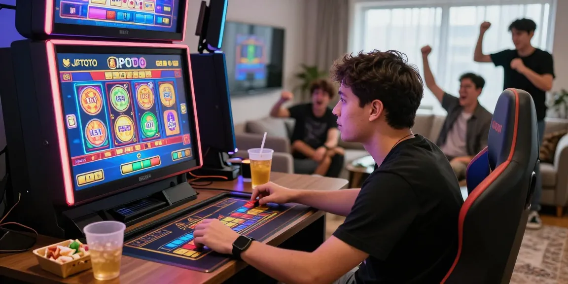 Exciting gaming moment on JPTOTO casino platform with vibrant visuals, snacks, and cheers from friends.