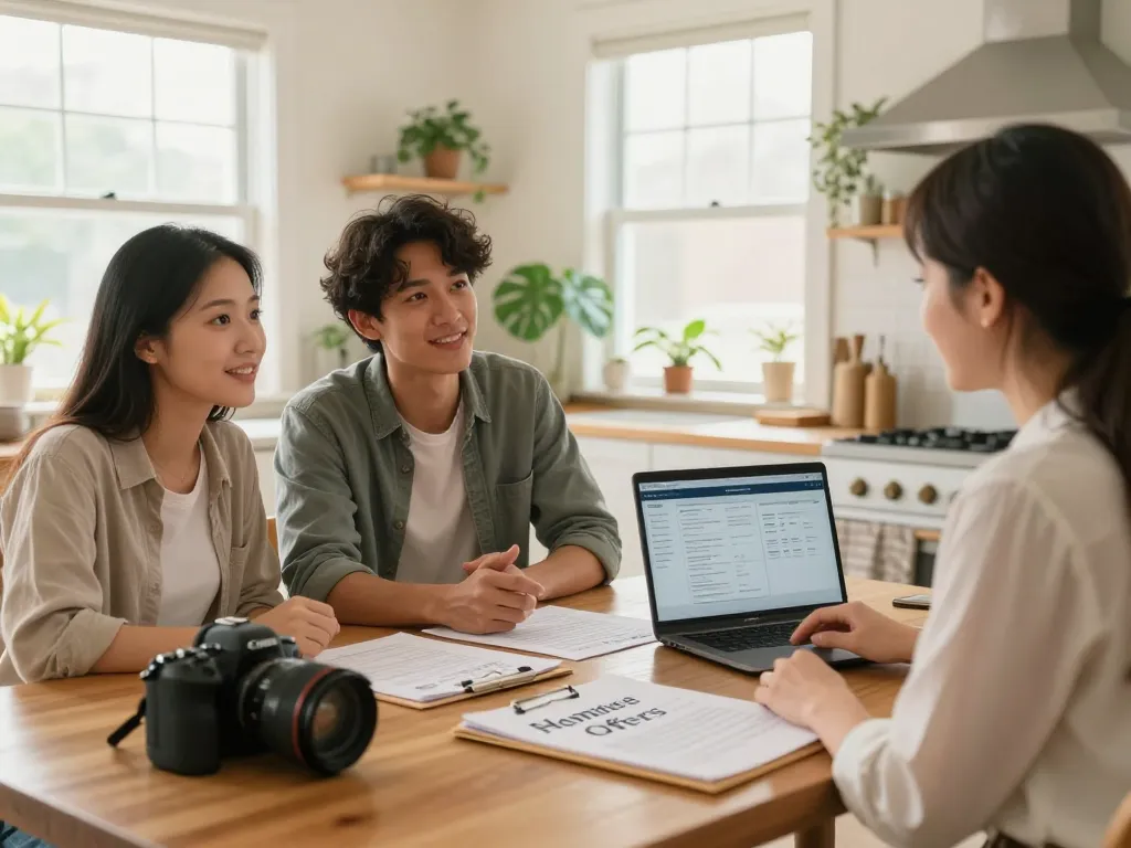 Cash home buyers discussing offers with agent at kitchen table