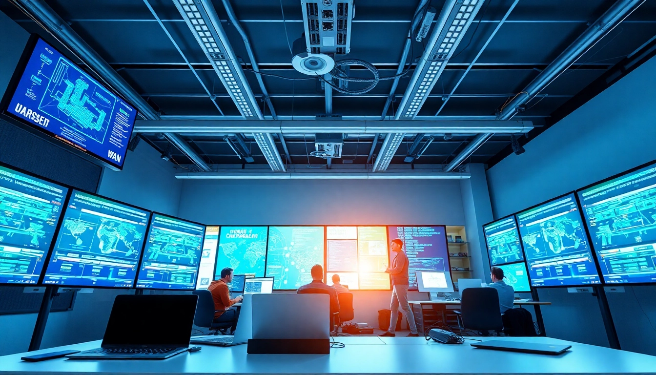 Understand WAN technology setup with detailed visuals of network operations in a modern office.