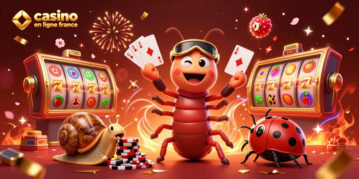 Casino en ligne France : Un croupier millipède avec des cartes entouré de confettis et de machines à sous.