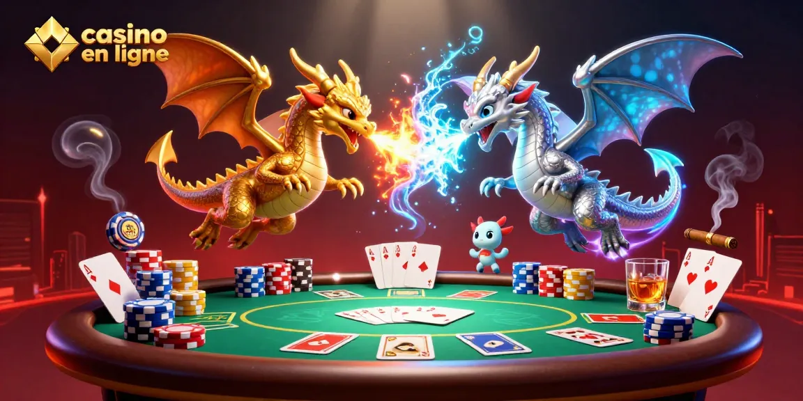 Jouez au casino en ligne avec cette illustration dynamique de dragons et éléments de poker.