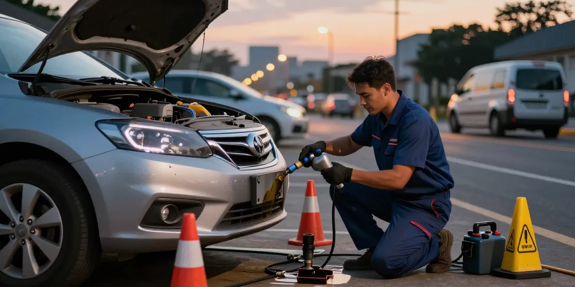 Technician draining wrong fuel in car at roadside service, ensuring safety and quick recovery.