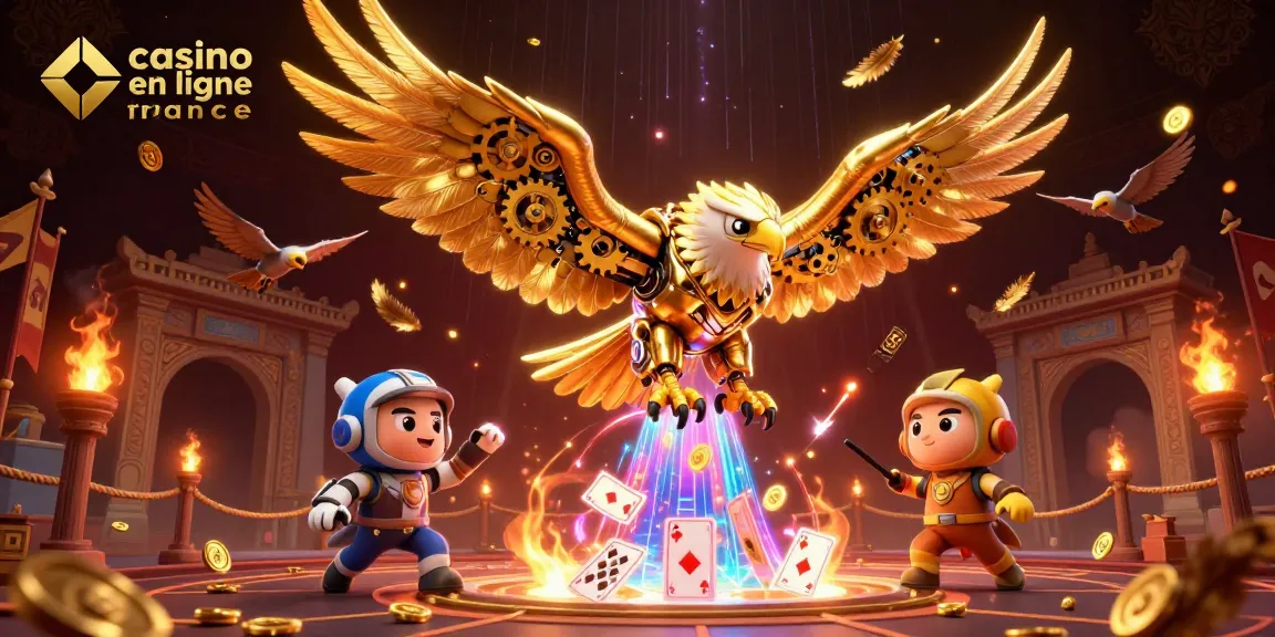 Illustration dynamique de l'aigle d'or cybernétique de casino en ligne France dans une cascade de cartes à jouer.