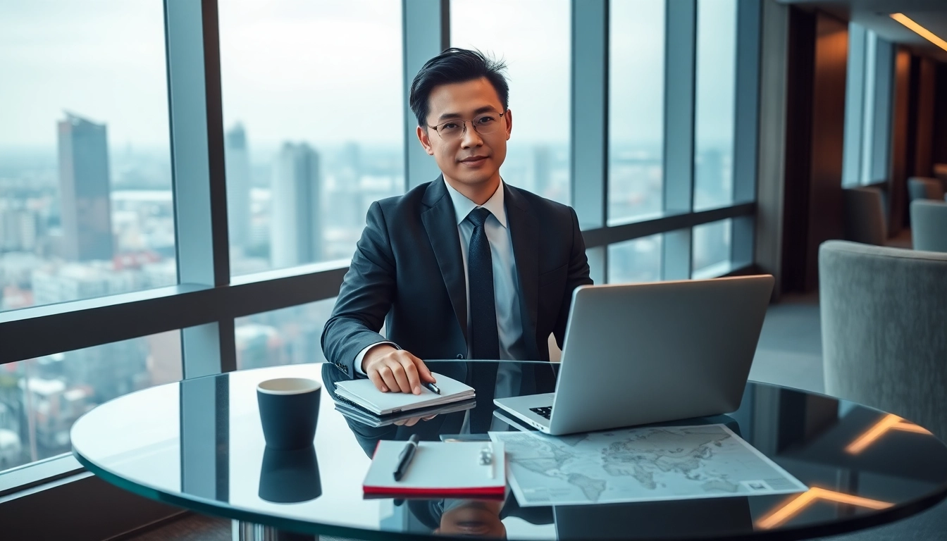 Business traveler engaged in 출장 planning at a modern office desk.