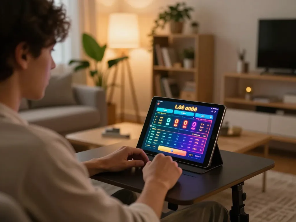 Lô đề online betting experience at home with cozy setup and vibrant tablet interface.