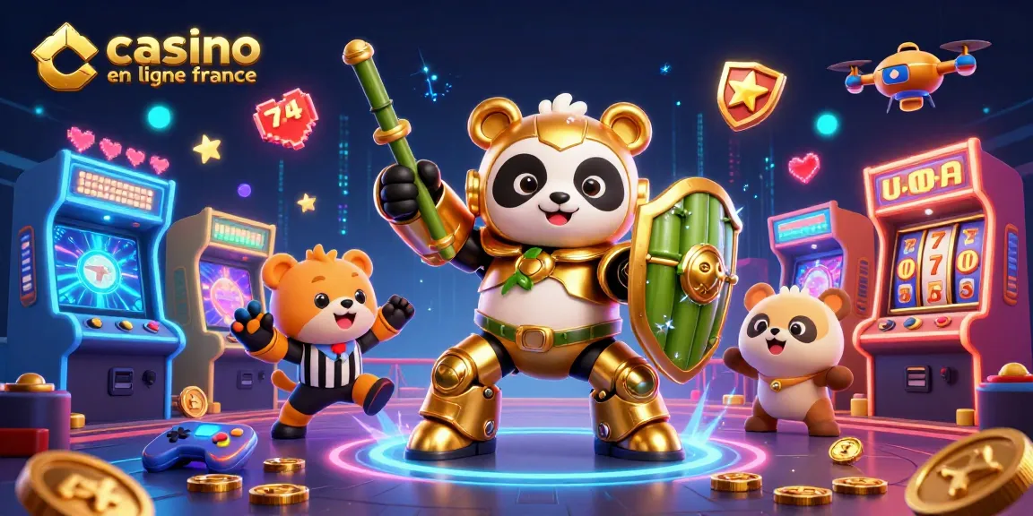 Illustration dynamique du panda doré en mech suit jouant à un casino en ligne France avec des machines à sous.