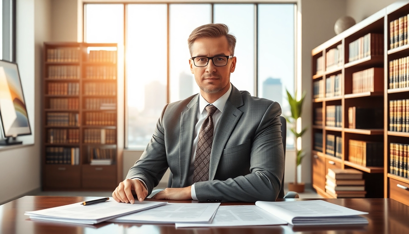 Sarasota personal injury lawyer confidently assists clients in a modern law office.