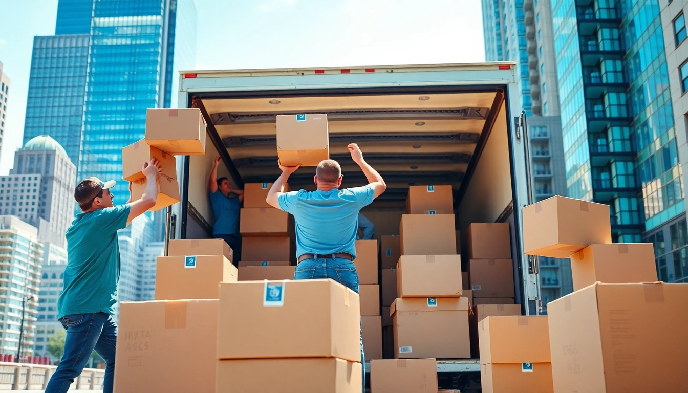 Movers and packers loading boxes onto a truck in a bustling city environment.