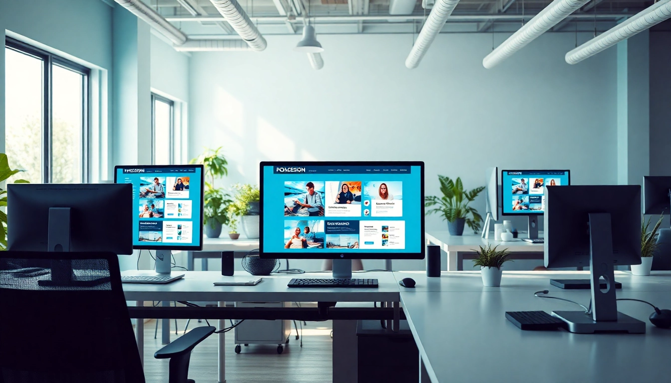 Website Design Hereford showcasing a vibrant workspace with modern website layouts on display.