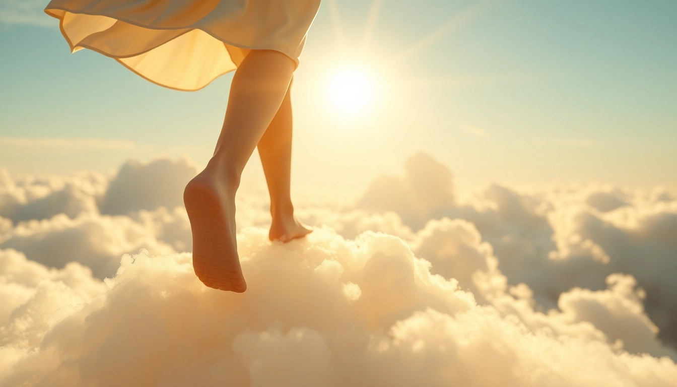 Experience Walking on Clouds with serene feet juxtaposed against fluffy cloud formations in a sunny scene.