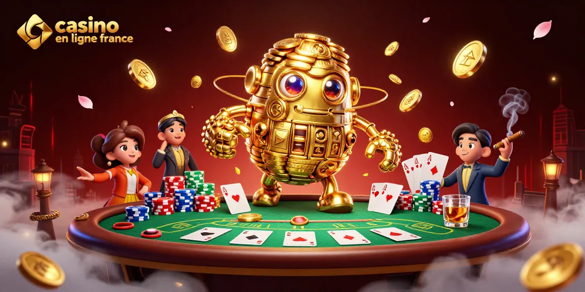 Jouer au casino en ligne France avec un golem doré et des jetons de poker colorés dans une illustration 3D dynamique.