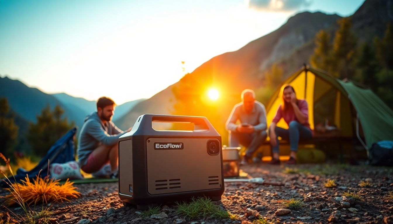 EcoFlow battery generator powering outdoor activities in a scenic camping environment.