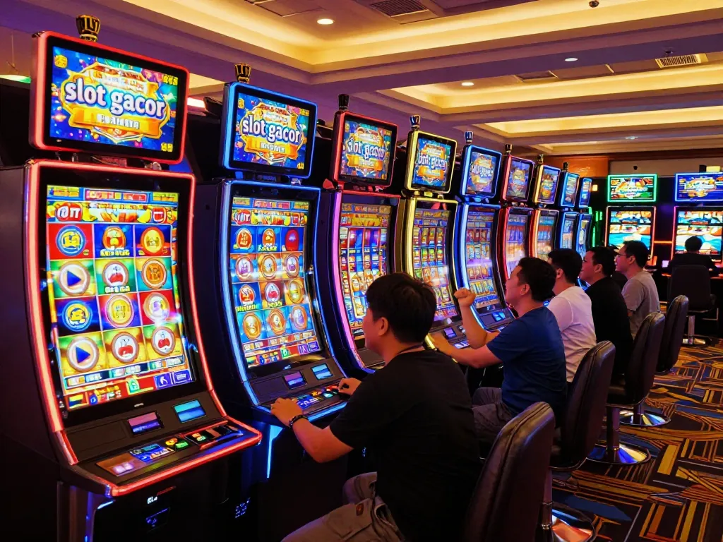 Catch a thrilling moment at the vibrant slot machines, showcasing slot gacor wins in a lively casino atmosphere.