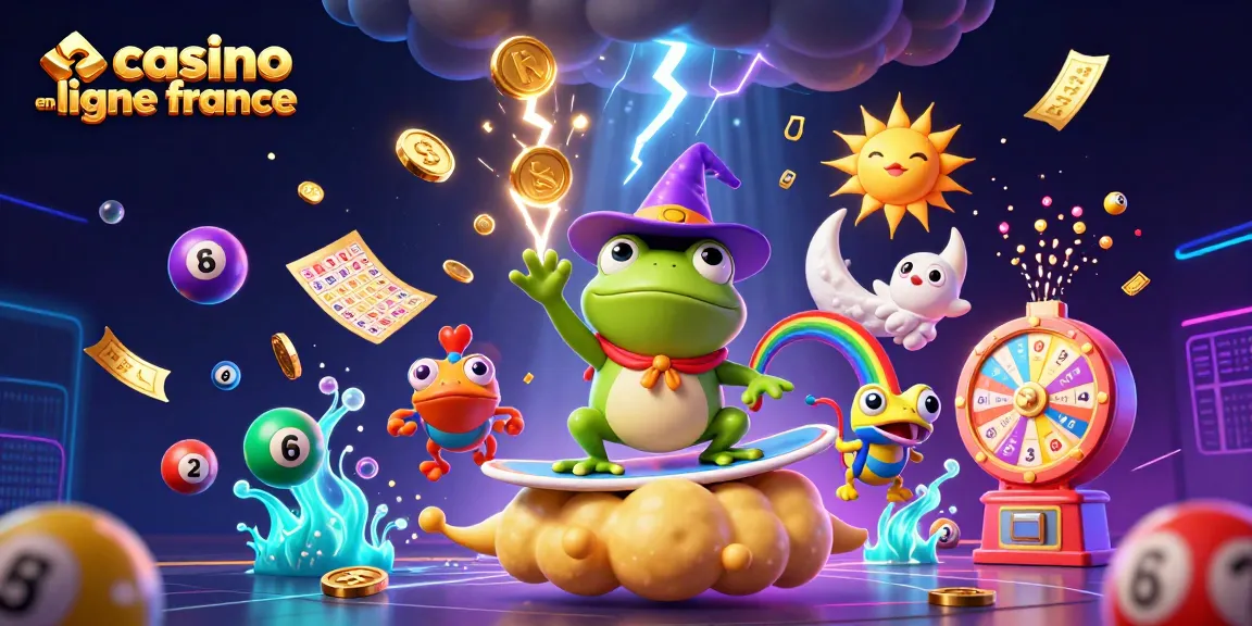 Visuel captivant pour les joueurs de casino en ligne en France, avec un grenouille magicien et des pièces d'or pleuvant.