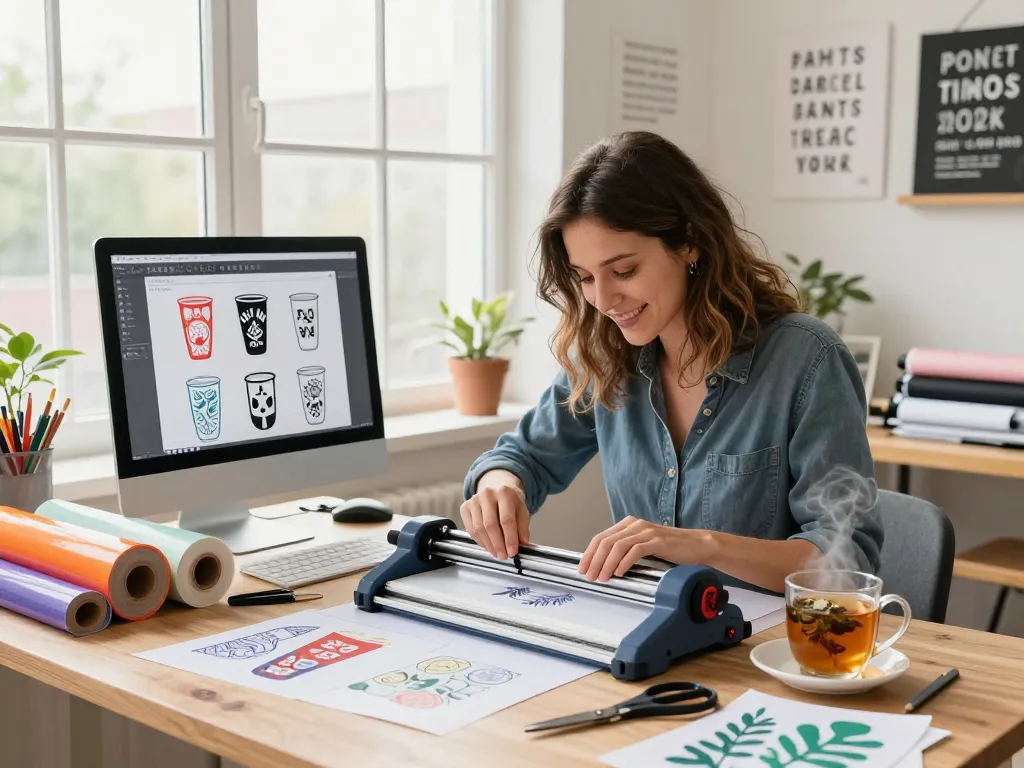 Creative designer crafting with a diverse svg bundle of tumbler designs in a bright home studio.