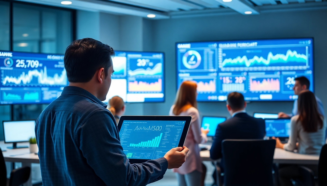Analyze AI demand forecasting trends with a diverse team in a high-tech office.