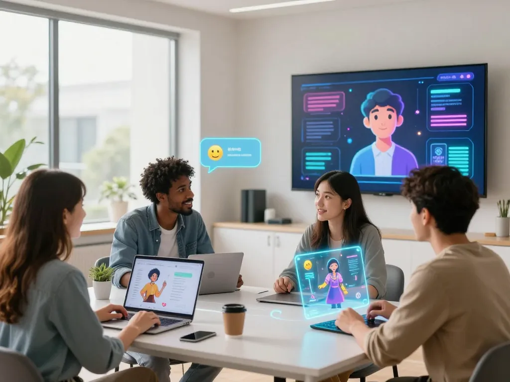 Engaging interaction with Crushon AI characters in a modern virtual environment, showcasing customization features and vibrant visuals.