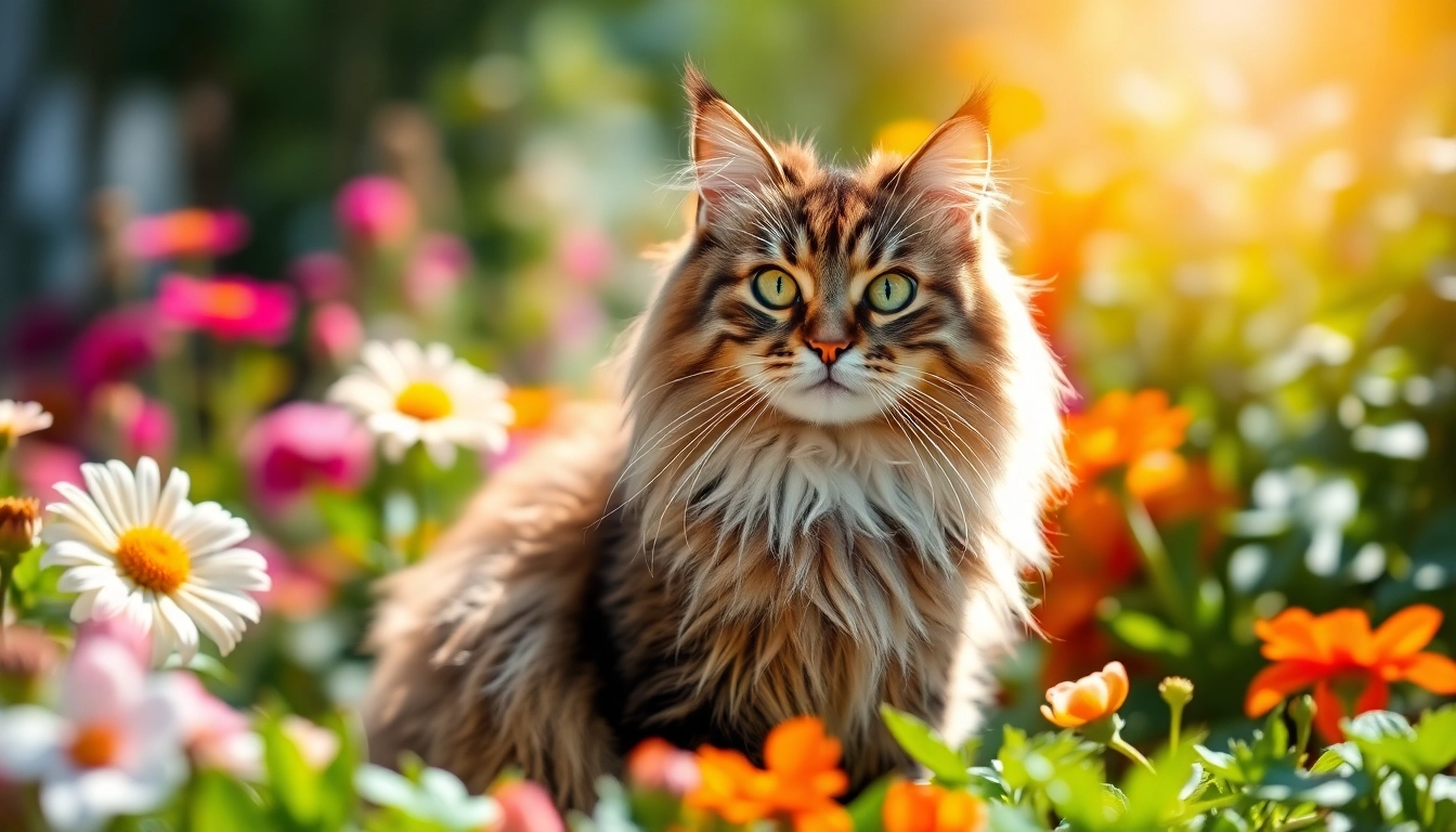 Maine Coon cats for sale Sacramento showcasing a majestic feline in a sunlit garden setting.