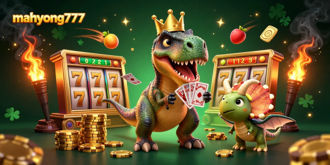 Experience thrilling gameplay with mahyong777 as a T-Rex shuffles cards in a vibrant casino scene.