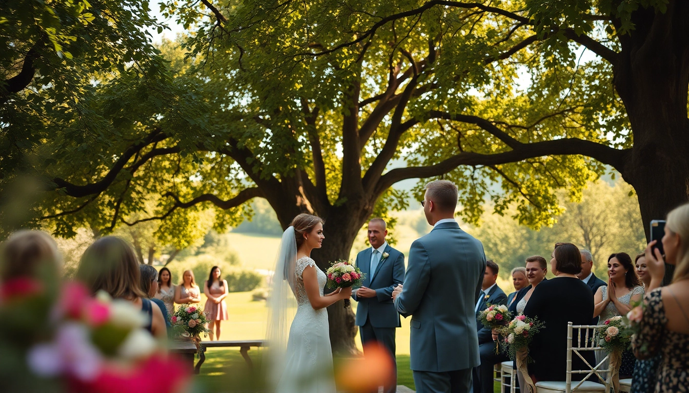Wedding photographer capturing a stunning outdoor ceremony under vibrant floral arrangements.