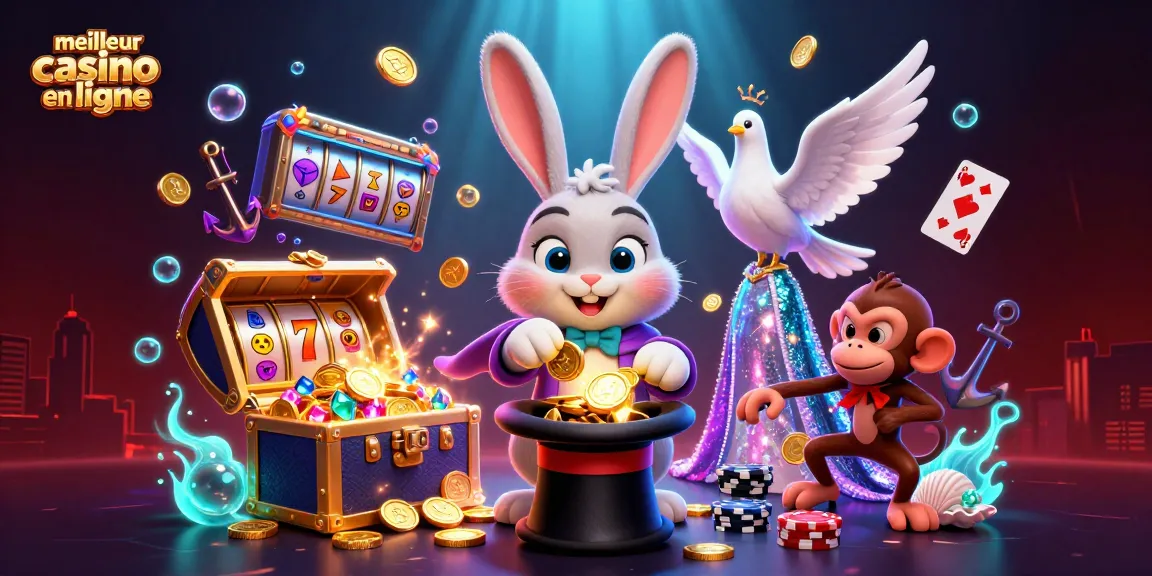 Vivez l'excitation avec le meilleur casino en ligne, où un magicien cartoon et des éléments de jeu s'animent dans une scène riche.