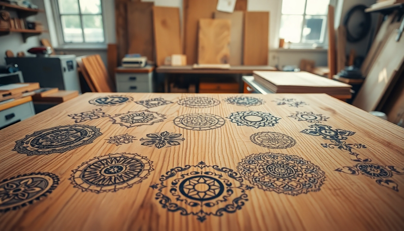 Showcasing laser engraving designs intricately patterned on wood surfaces in an artist's studio.