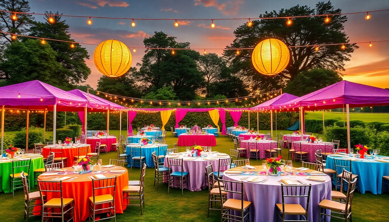 Experience captivating party rentals setup with vibrant decor and lighting for your events.