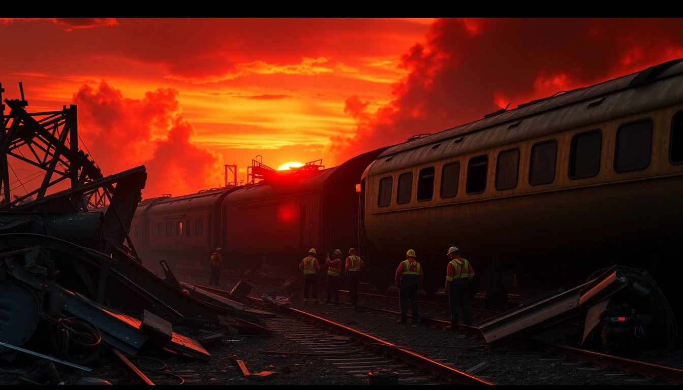 Scene depicting the spain train crash aftermath with twisted metal and emergency responders.