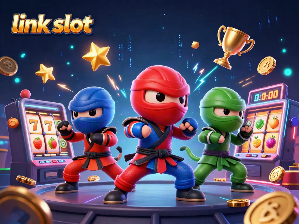 Permainan kasino link slot seru dengan tim ninja chameleon di latar belakang jackpot dan koin emas.