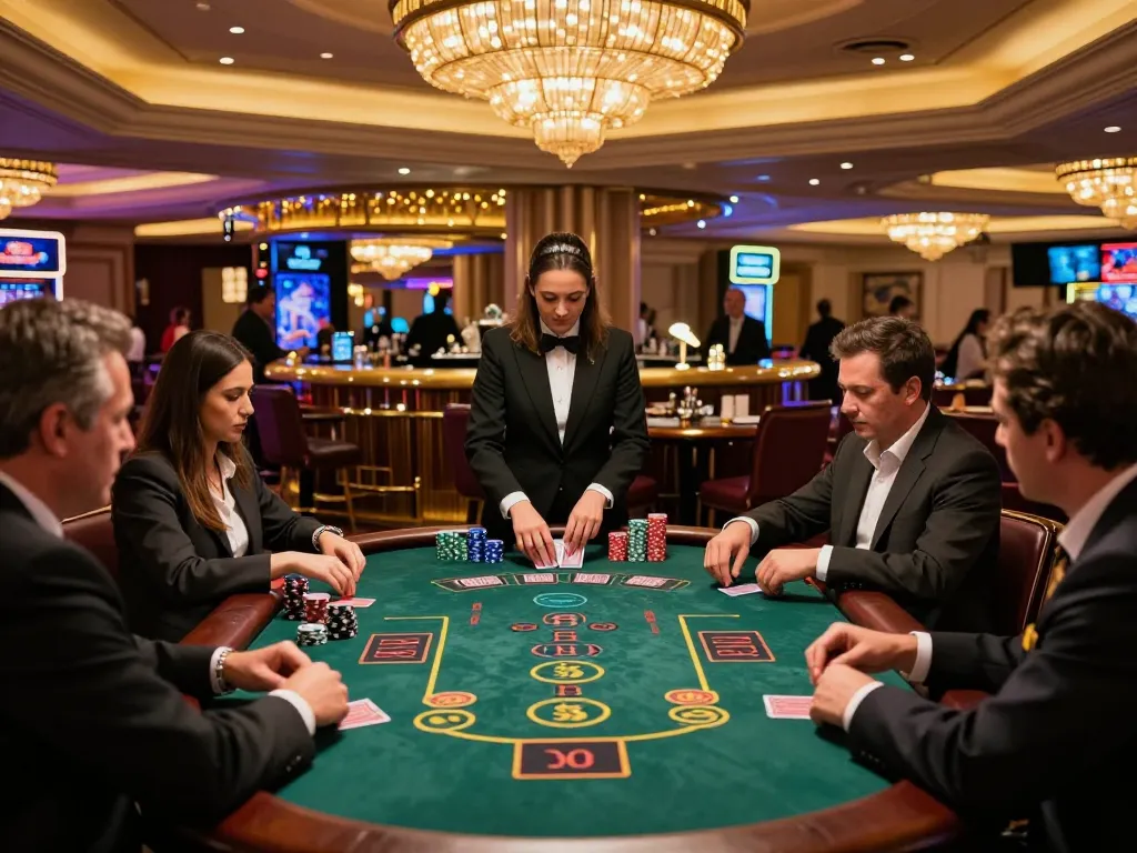 Players at a high-stakes blackjack table in a vibrant Vegas casino engaging with the game 777X.
